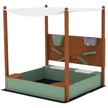 Wood Sandpit with Canopy, Storage Bins, Funnel, Liner, Chutes, Bucket with Tap, 116 x 112.5 x 128 cm, Green