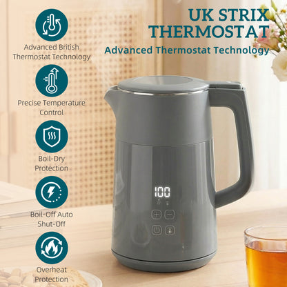 Electric Kettle, 1.7L Fast Boil 3kW Water Kettle with UK Strix Thermostat, LED Display, Keep Warm Function, Grey