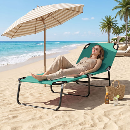 Foldable Sun Lounger with 5-Position Adjustable Backrest, Outdoor Portable Recliner Chaise Lounge Chair, Green