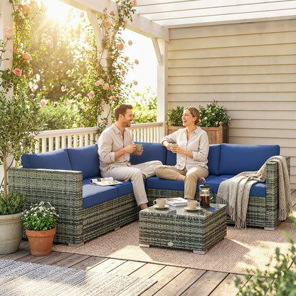 Four-Piece Rattan Sofa Set with 11 Cushions, Steal Frame, Blue