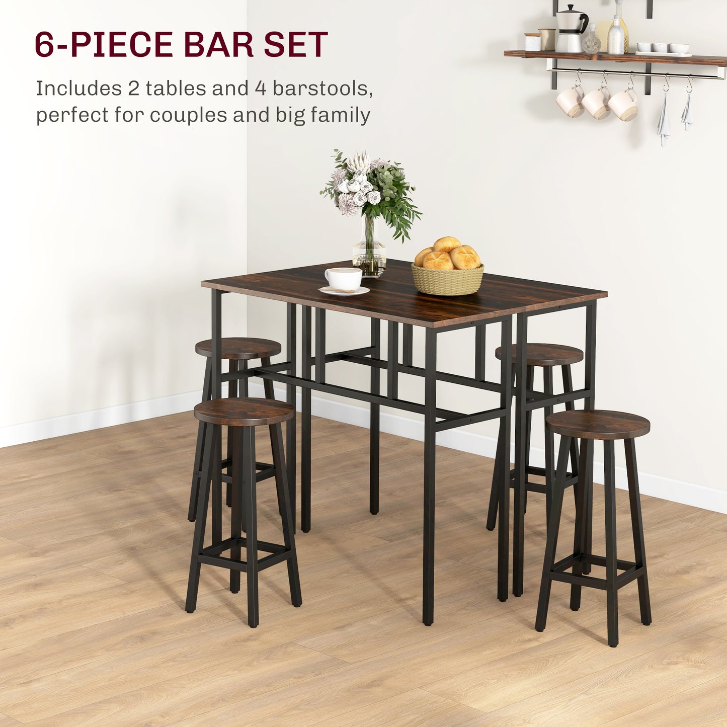 6-Piece Industrial Bar Table Set, 2 Breakfast Tables with 4 Stools Brown