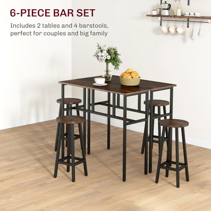 6-Piece Industrial Bar Table Set, 2 Breakfast Tables with 4 Stools Brown