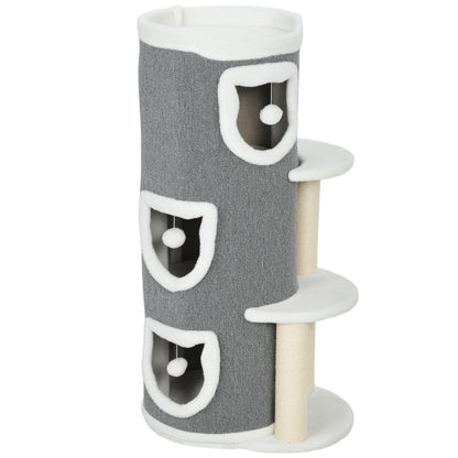 101 cm Cat Tree with Sisal Scratching Posts, 3 Barrel Condos, 3 Platforms, for Indoor Cats to Rest and Play