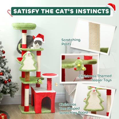 Cat Tree, 120cm Christmas Cat Tower with 3 Scratching Posts, Scratching Board, 2 Perches, Platforms, Toys, Green