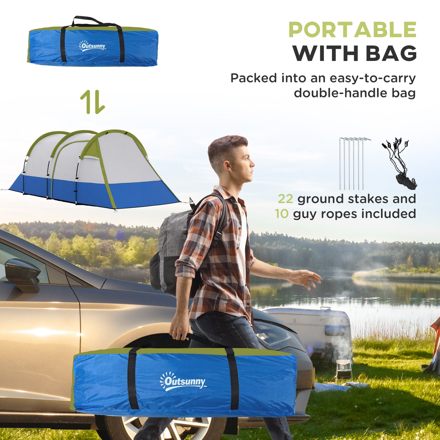 Two Man Two-Room Tent, with Porch and Accessories - Green