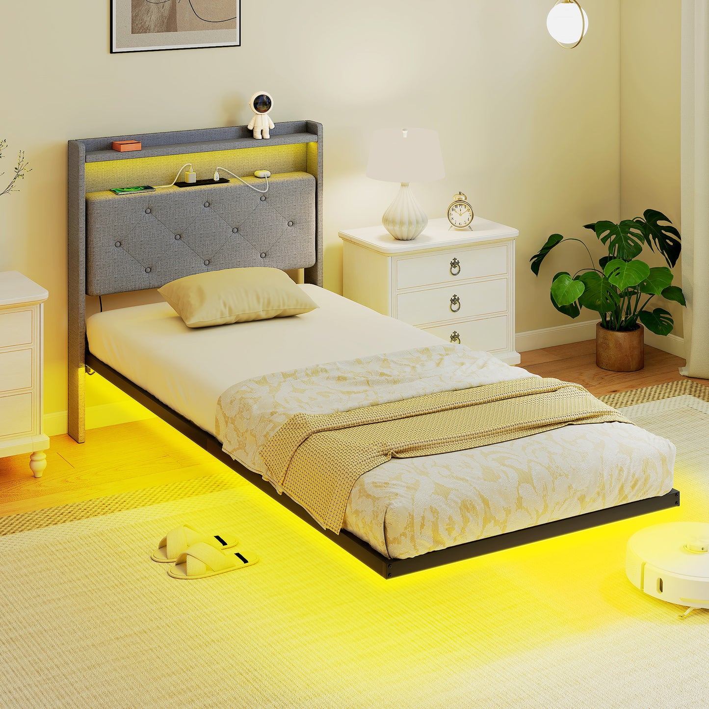 Floating Bed Frame, Upholstered 3ft Single Size Bed, Platform Bed with RGB LED Lights and Charging Station, Grey