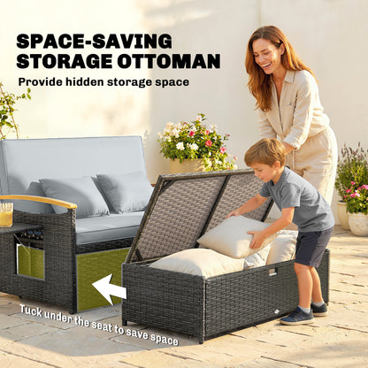 Double Garden Rattan Daybed, Wicker Sun Bed Chaise Lounger with Storage Ottoman, 4-Level Adjustable Backrest, Dark Grey