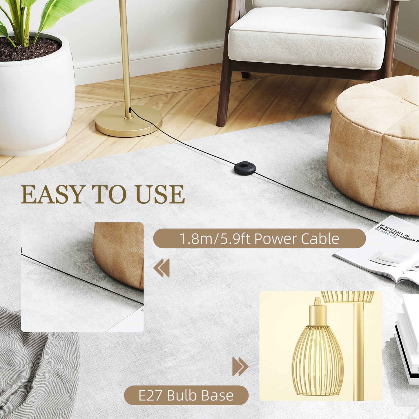 3-Light Floor Lamp, 170cm Industrial Dimmable Standing Lamp with Steel Wire Cage Lampshades for Living Room, Bedroom