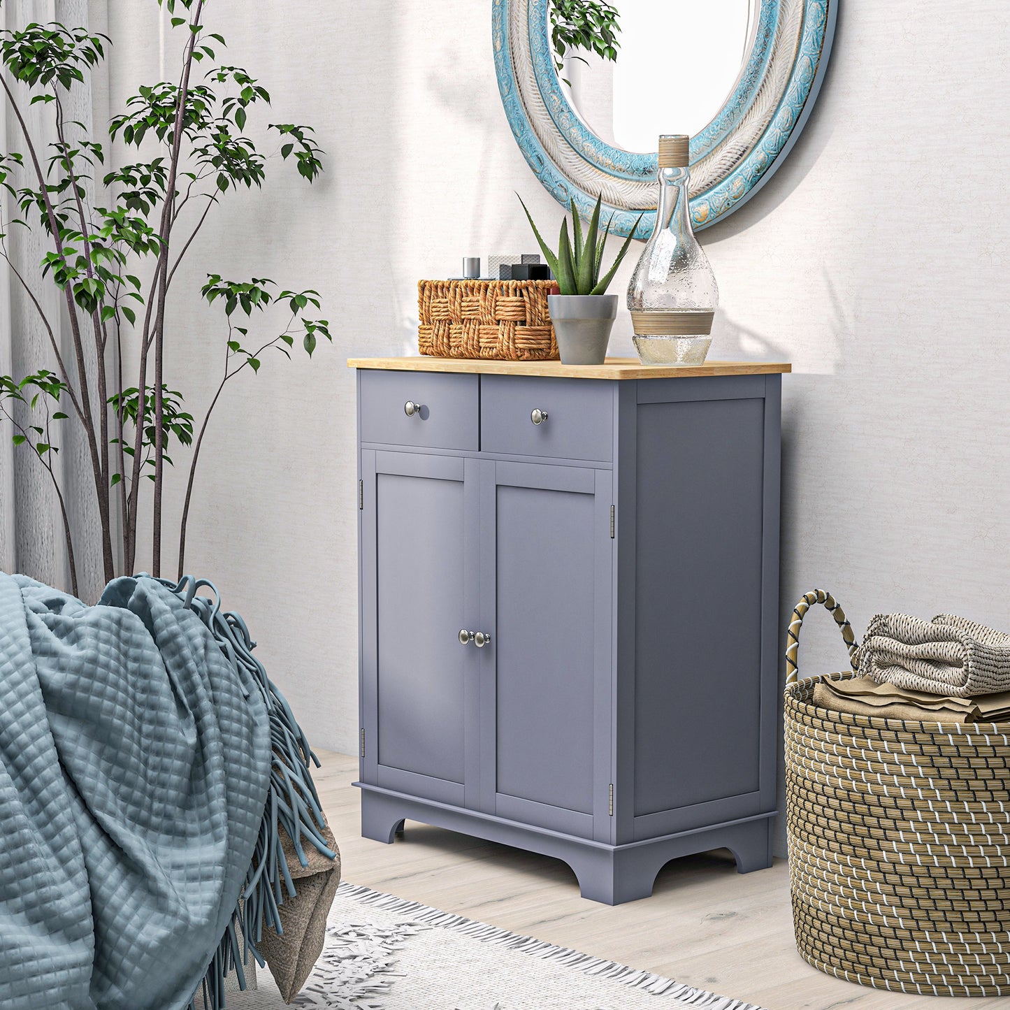 Side Storage Multi-use Sideboard Table Kitchen Floor Cabinet with Solid Wood Top, Adjustable Shelf, Drawer, Grey