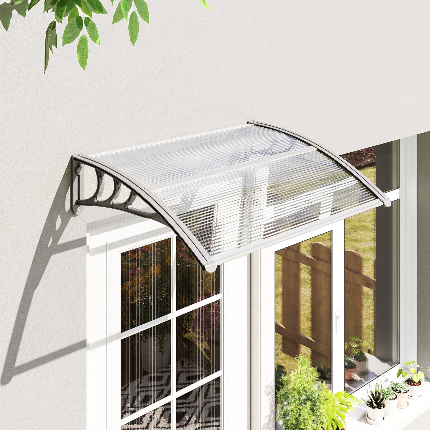 Front Door Canopy Outdoor Awning Aluminium Rigid Plastic Polycarbonate Rain Shelter UV Water Rain Resistant 100 x 75cm Clear
