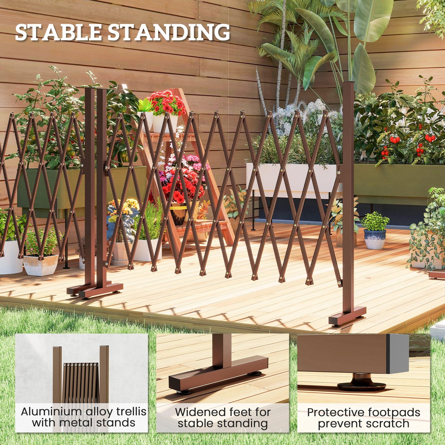 Expanding Trellis Fence, Freestanding Movable Fence, Foldable Garden Screen Panel, 250 x 103.5 cm, Dark Brown