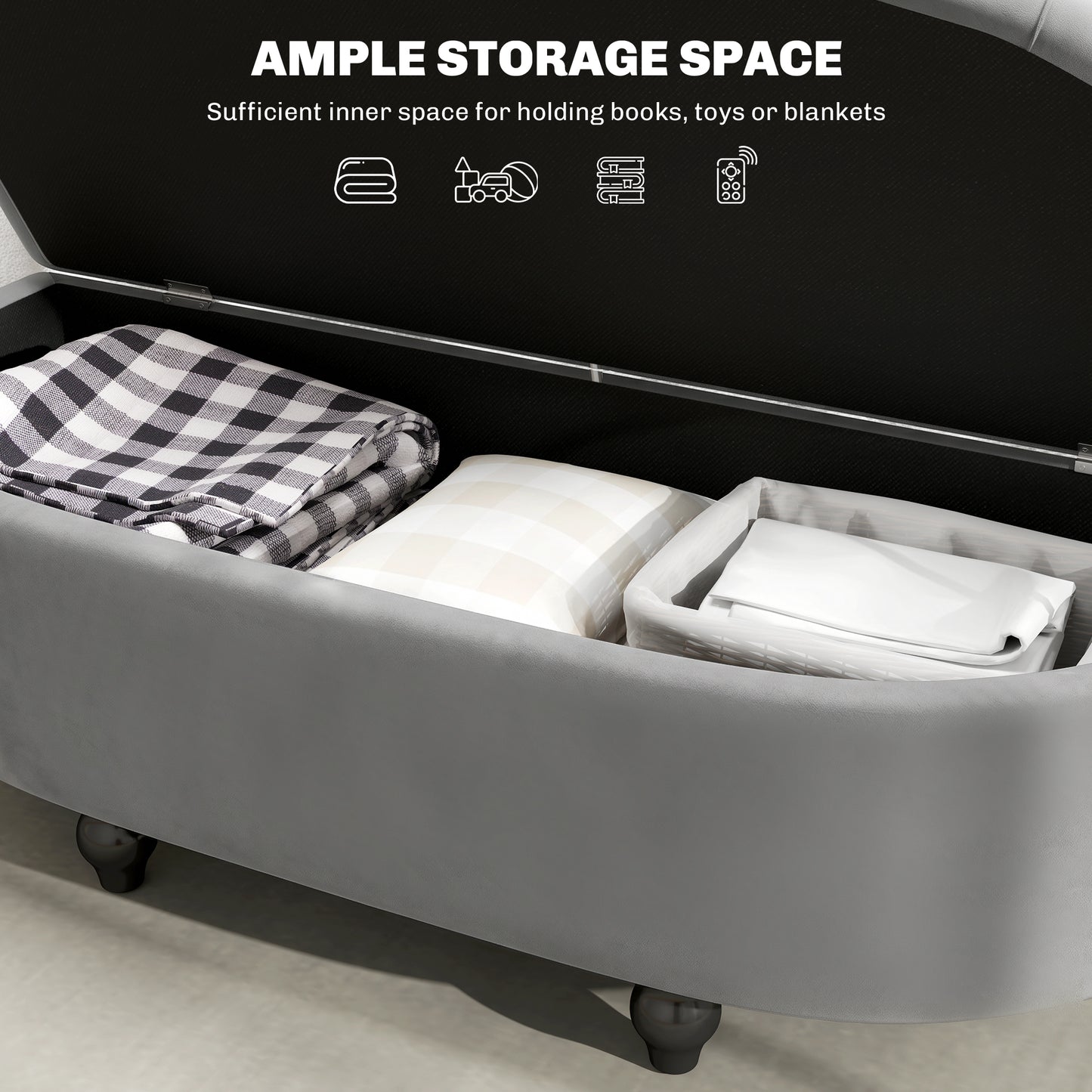 Velvet-Feel Half Circle Storage Ottoman - Dark Grey