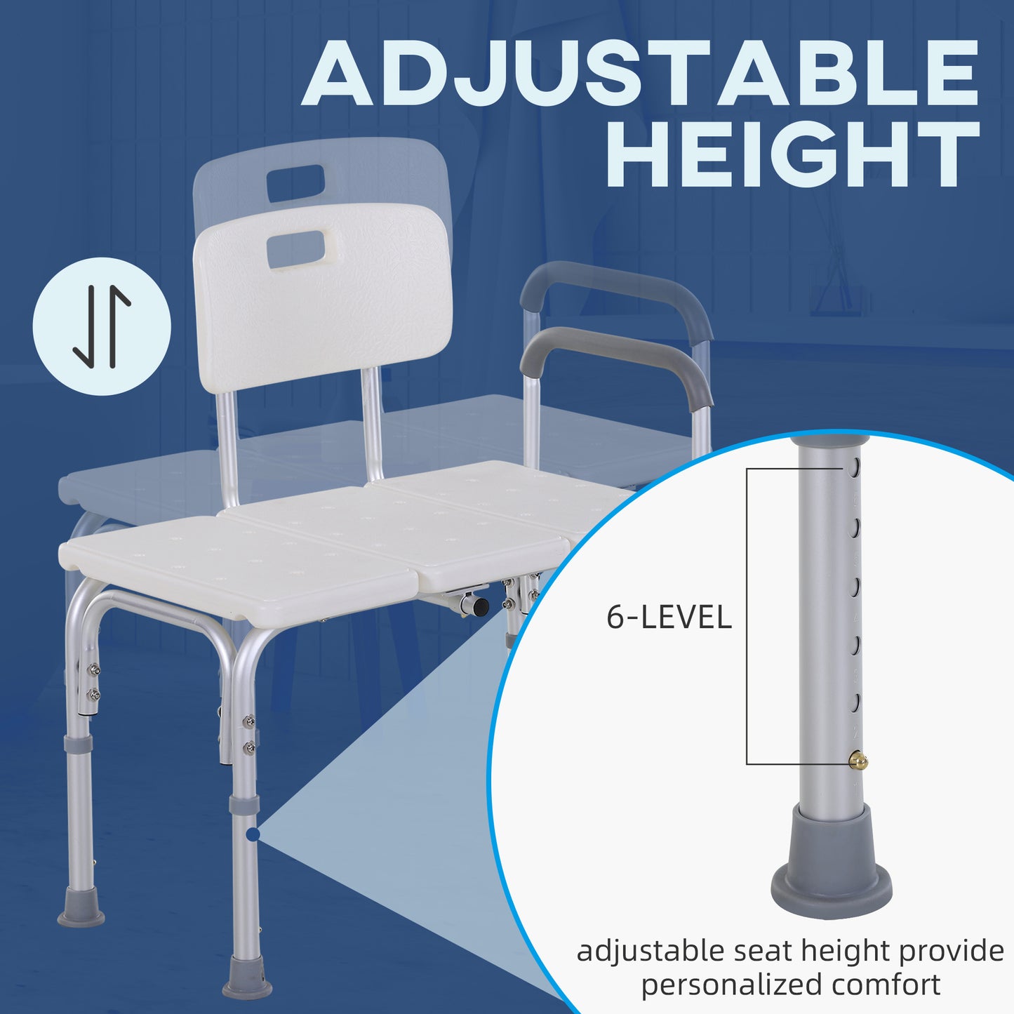 Height Adjustable Shower Chair, Non Slip Bath Transfer Bench for Elderly, Disabled with Armrest and Backrest