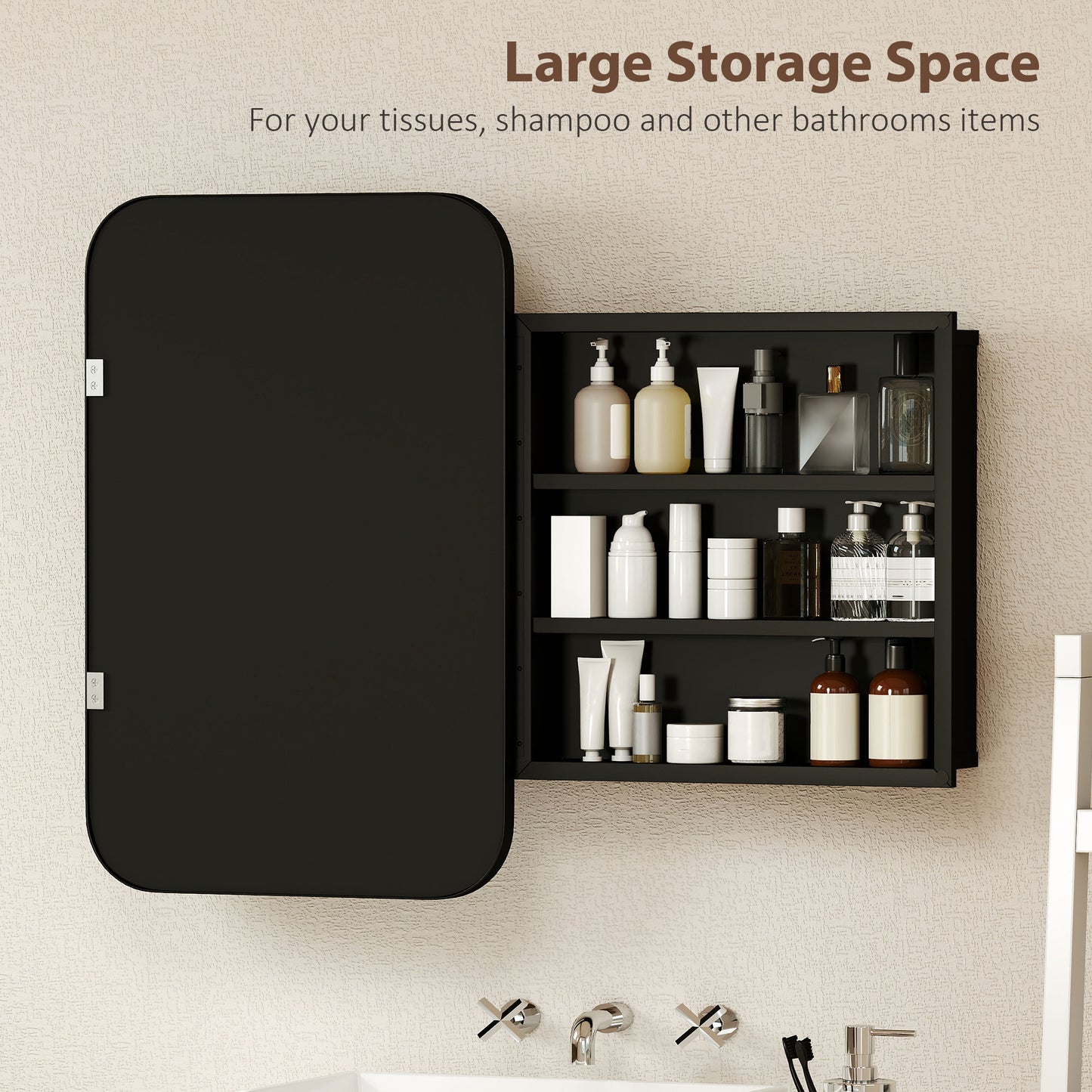 Bathroom Wall Cabinet with Tempered Mirror Metal Bathroom Mirror Cabinet with 3 Shelves Black