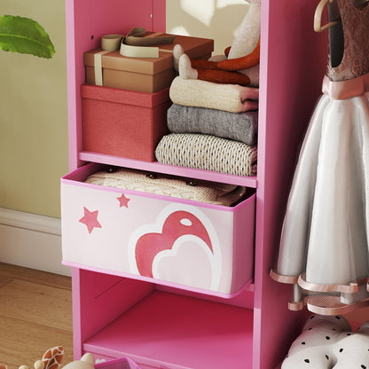 Kids Clothes Rail, Kids Wardrobe with Mirror, Shelves, Fabric Storage and Hooks for Bedroom, Nursery, Pink