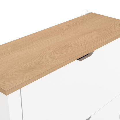Slim Shoe Cabinet, Narrow Shoe Cupboard with 2 Flip Drawers, Adjustable Shelves for 12 Pairs of Shoes, High Gloss White