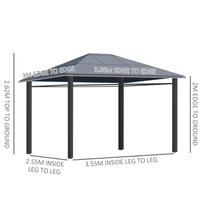 Hardtop Gazebo Garden Pavilion w/ UV Resistant Polycarbonate Roof, Curtains, Steel & Aluminium Frame, 3 x 4(m), Grey