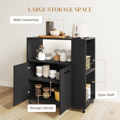 Kitchen Trolley on Wheels, Rolling Kitchen Island Cart with 2-Door Cabinet, Spice Rack and Adjustable Shelf, Black