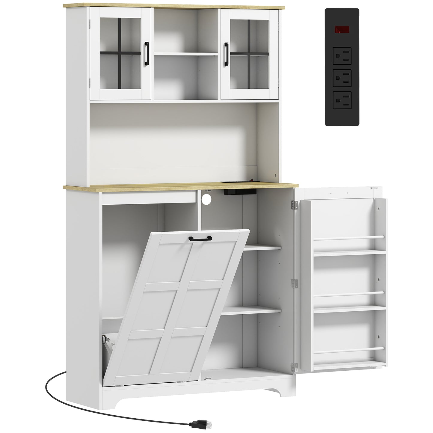 175cm Tall Kitchen Cabinet, Kitchen Cupboard with Rubbish Bin Cabinet, 3 Door Shelves and 2 Acrylic Doors, White