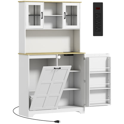 175cm Tall Kitchen Cabinet, Kitchen Cupboard with Rubbish Bin Cabinet, 3 Door Shelves and 2 Acrylic Doors, White