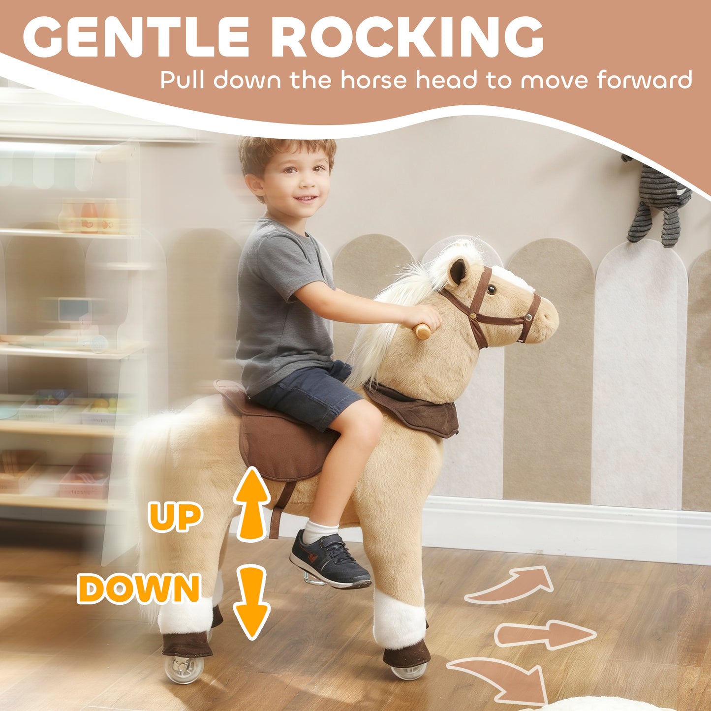 Rocking Horse, Plush Ride On Horse with Rolling Wheels & Saddle, Ride On Pony Toy for Kids 3-5 Years, Up to 25kg, Brown