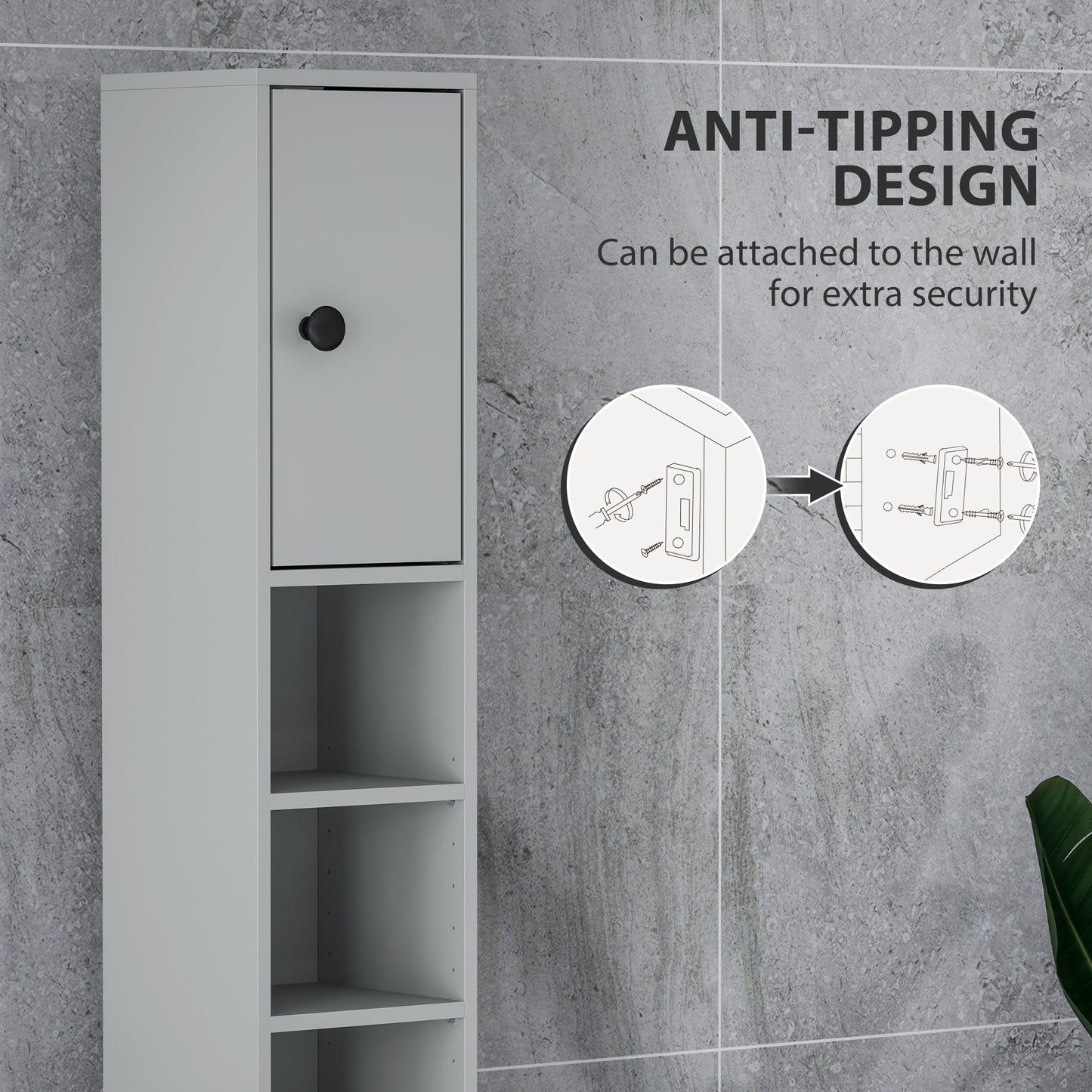 180cm Slim Bathroom Cabinet, with Drawer, Shelves and Cupboards - Grey