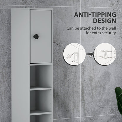 180cm Slim Bathroom Cabinet, with Drawer, Shelves and Cupboards - Grey
