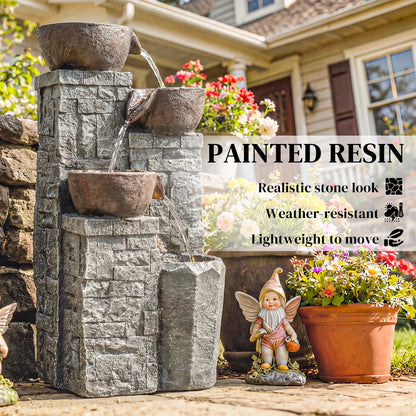 4-Tier Outdoor Fountain, Cascading Waterfall, Garden Fountain with LED Lights, Adjustable Flow, Grey and Rustic Brown