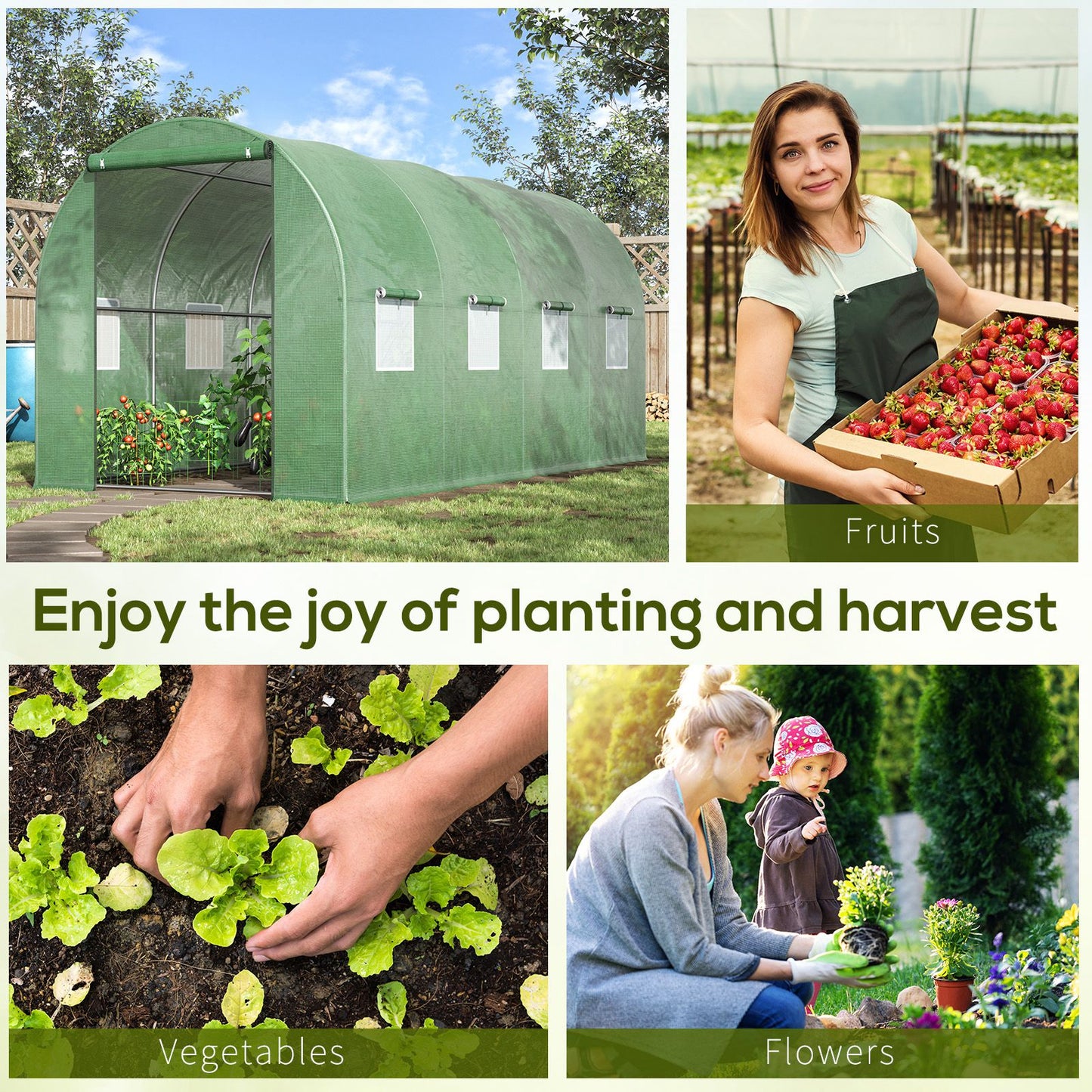 Walk-in Polytunnel Greenhouse, Outdoor Garden Tunnel Greenhouse Tent with Zipped Roll-Up Door and 8 Mesh Windows, 4 x 2M