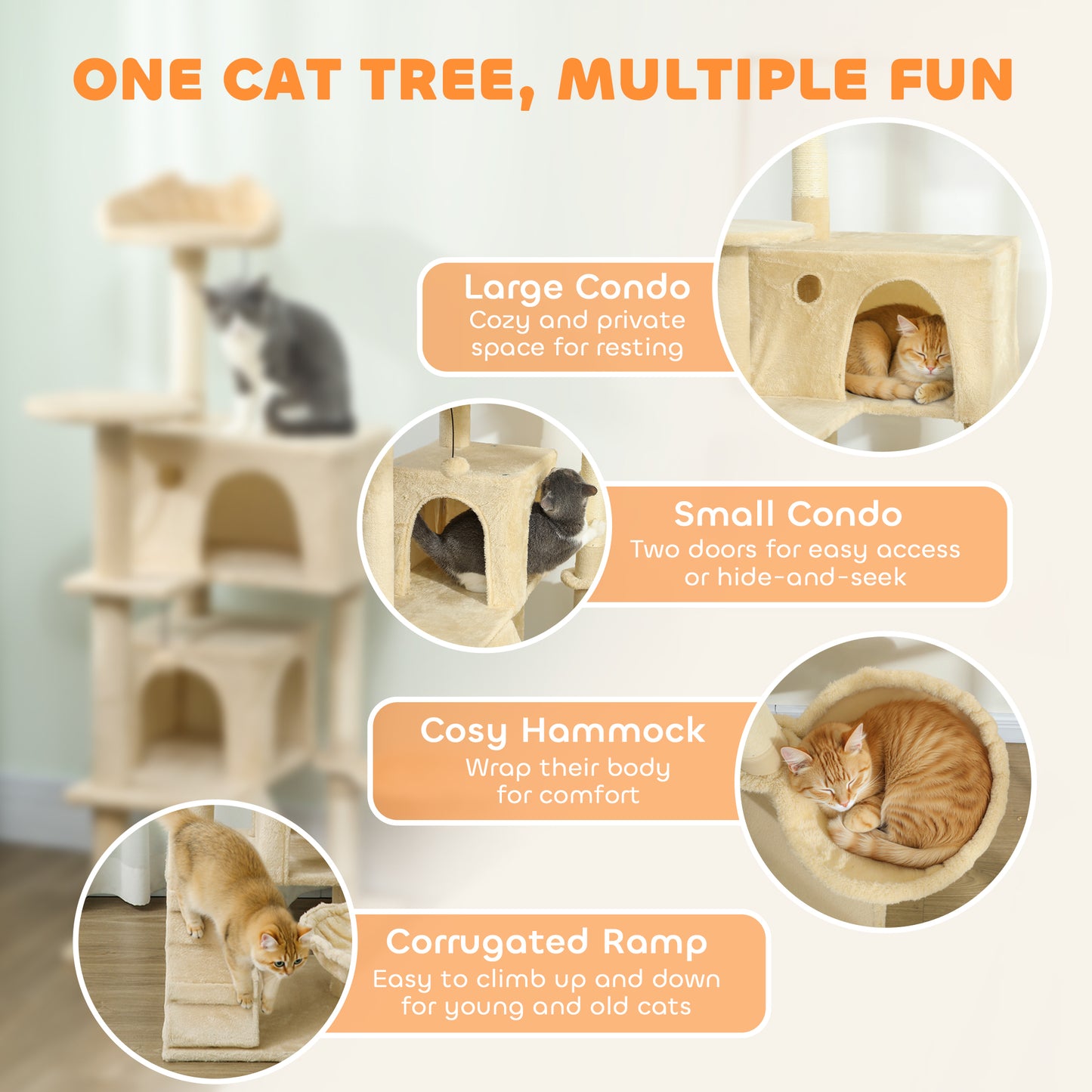 140cm Large Cat Tree Tower with Sisal Scratching Posts, Plush Perches, Hammock, Beige