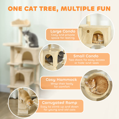 140cm Large Cat Tree Tower with Sisal Scratching Posts, Plush Perches, Hammock, Beige