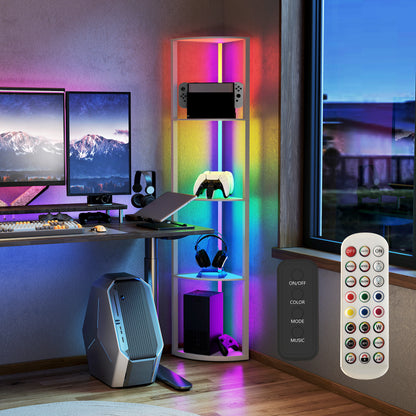 RGB LED Floor Lamp with Shelves, 4-Tier Dimmable Standing Lamp with Adjustable Brightness and Remote Control