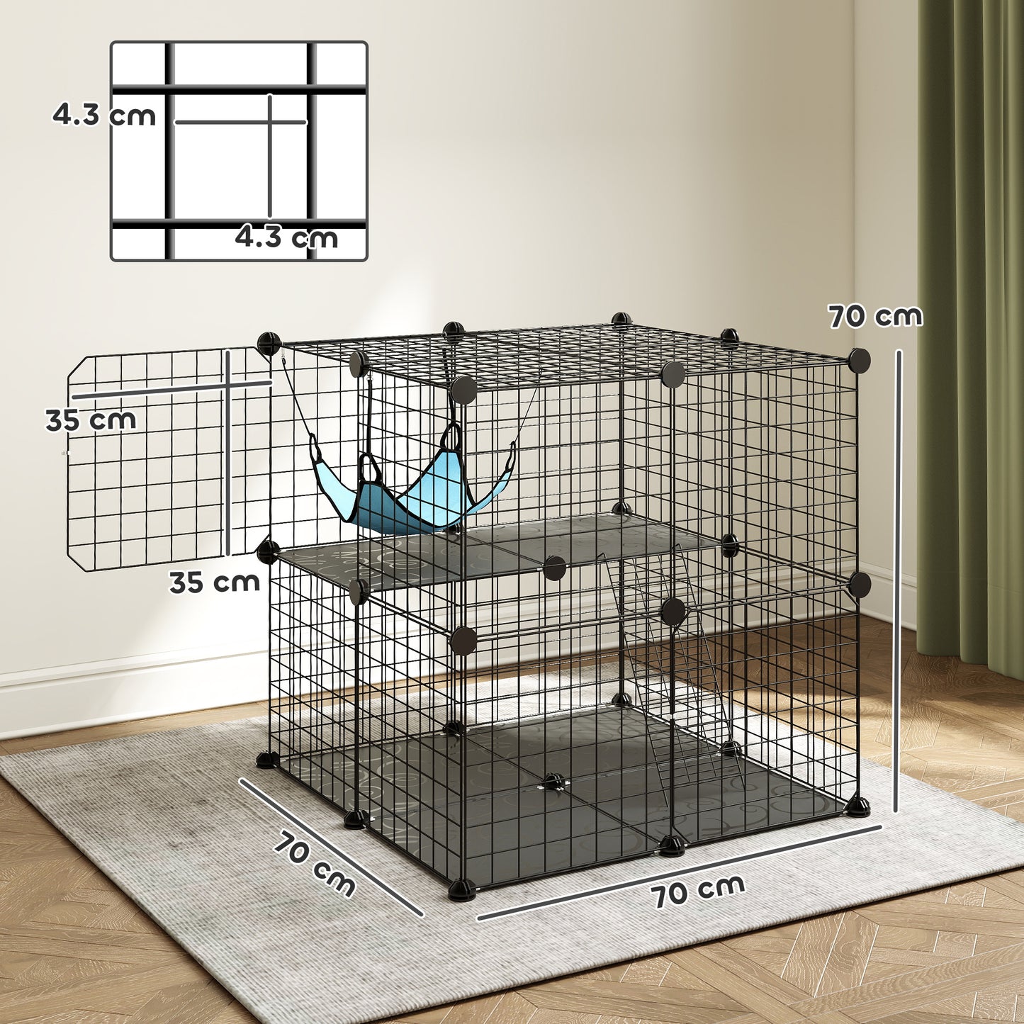 Indoor Cat Cage DIY Customizable 2-Tier Indoor Cat Enclosure with 2 Doors and Hammock 70 cm Black