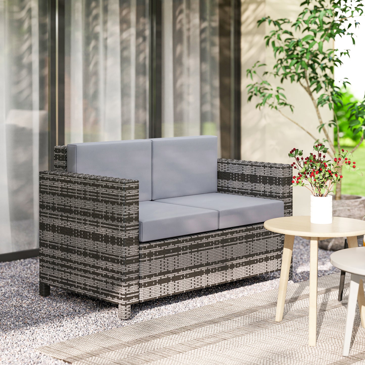Rattan Sofa, 2 Seater Garden Furniture with Soft Padded Cushion and Armrests, Wicker Garden Loveseat for Patio, Mixed Grey