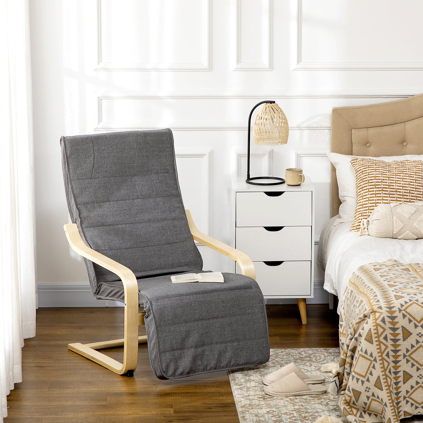 Wooden Armchair, Upholstered Linen Lounge Chair with Adjustable Footrest & Removable Cushion, Poang Chair for Living Room