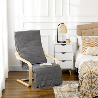 Wooden Armchair, Upholstered Linen Lounge Chair with Adjustable Footrest & Removable Cushion, Poang Chair for Living Room