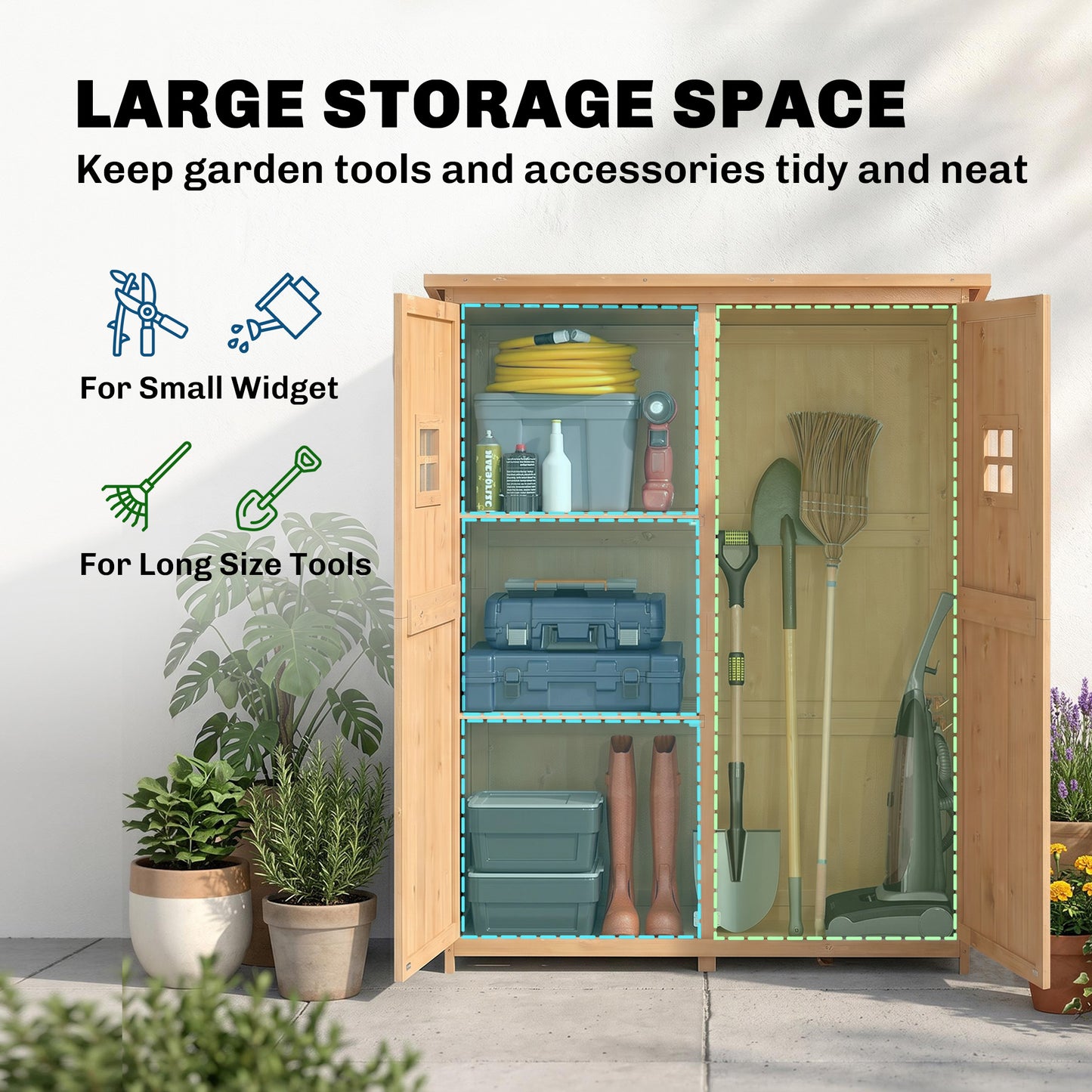 Wooden Garden Shed with Two Windows, Tool Storage Cabinet, Outdoor Double Door Organizer 127.5L x 50W x 164H cm, Natural