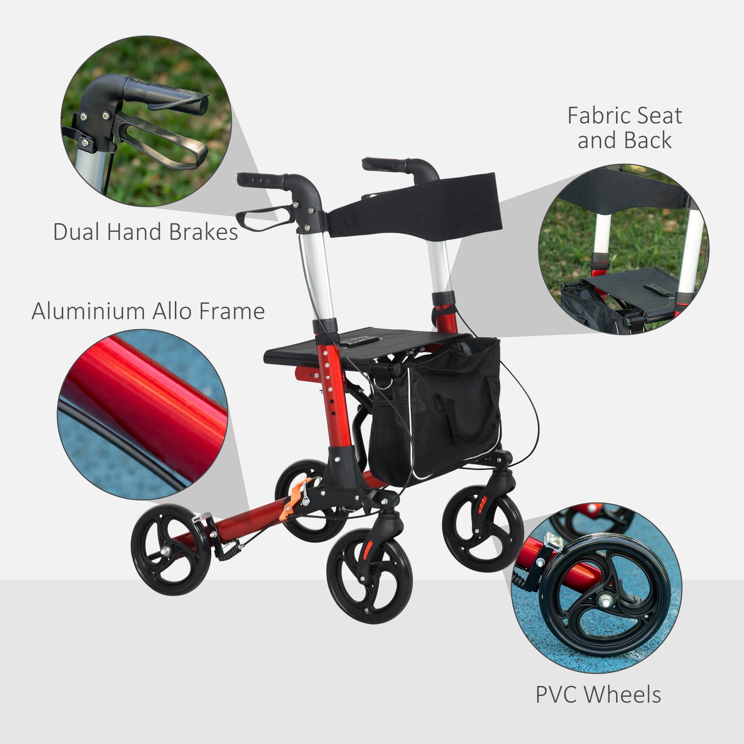 Folding Rollator Walker with 6 Adjustable Handle Height for People with Limited Mobility, Red