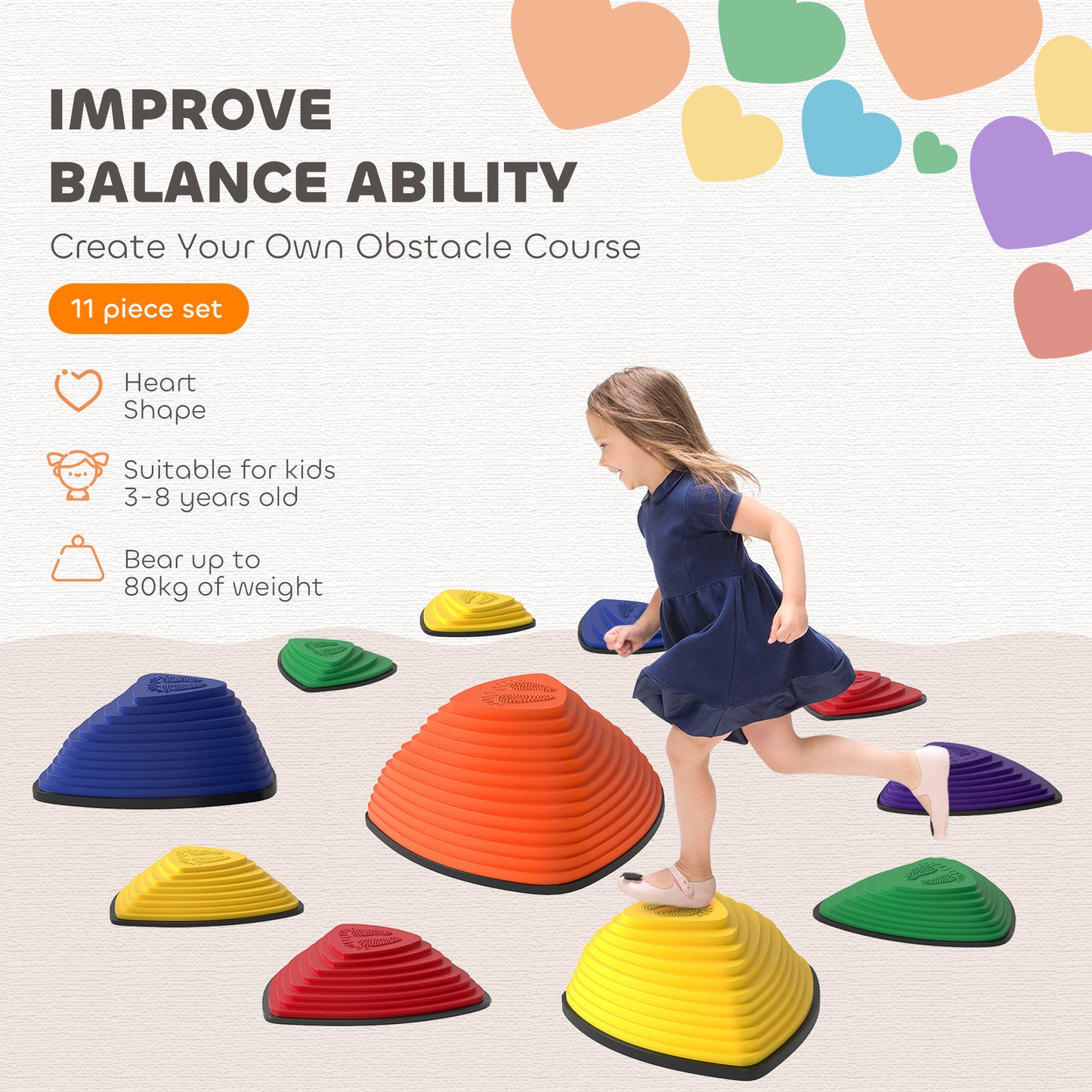 11-Piece Stepping Stones for Kids, Stackable Sensory Toys Outdoor Indoor, Obstacle Course for Balance and Motor Skills