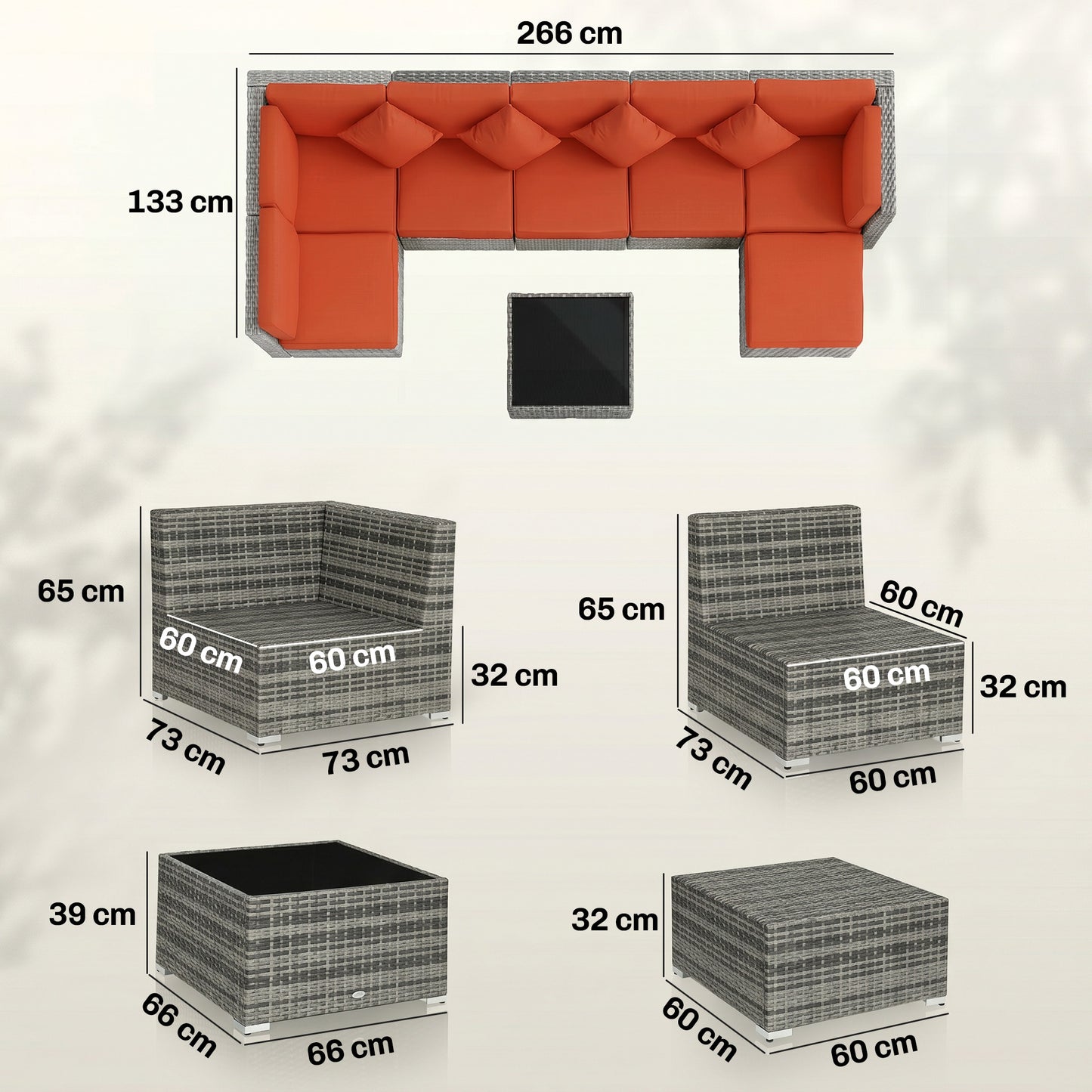 Eight-Piece Rattan Sofa Set - Orange/Grey
