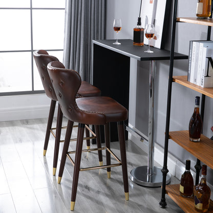Bar Stools Set of 2, PU Leather Barstools with Back, Footrest and Wood Legs for Kitchen, Counter, Breakfast Bar, Brown