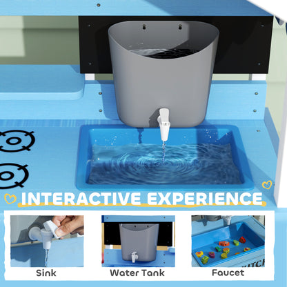 Kids Mud Kitchen Outdoor with Stoves, Sink, Faucet, Storage Shelves, Cookware Accessories for Boys Girls, Blue