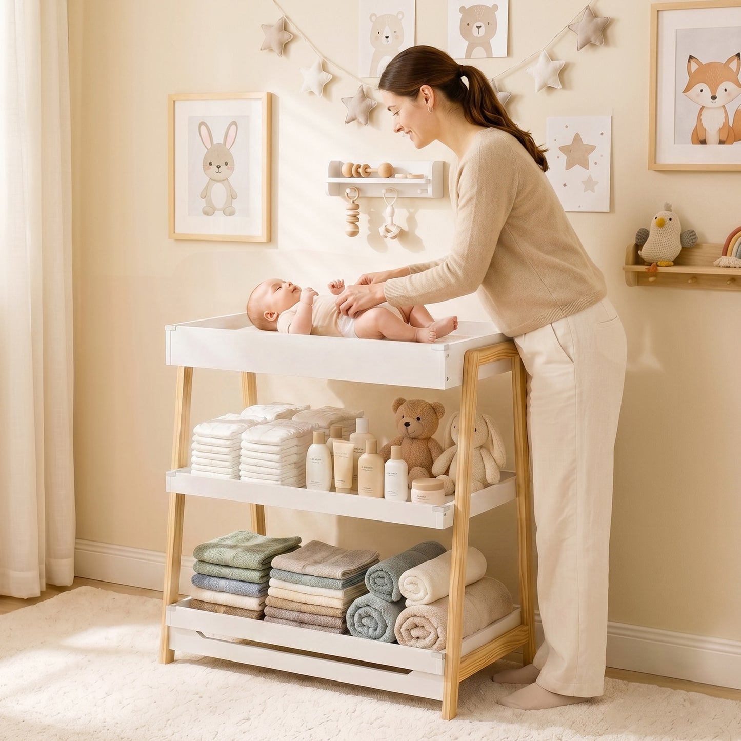 Baby Changing Table with 2 Storage Shelves, Nursery Diaper Changing Unit with Waterproof Changing Mat, White