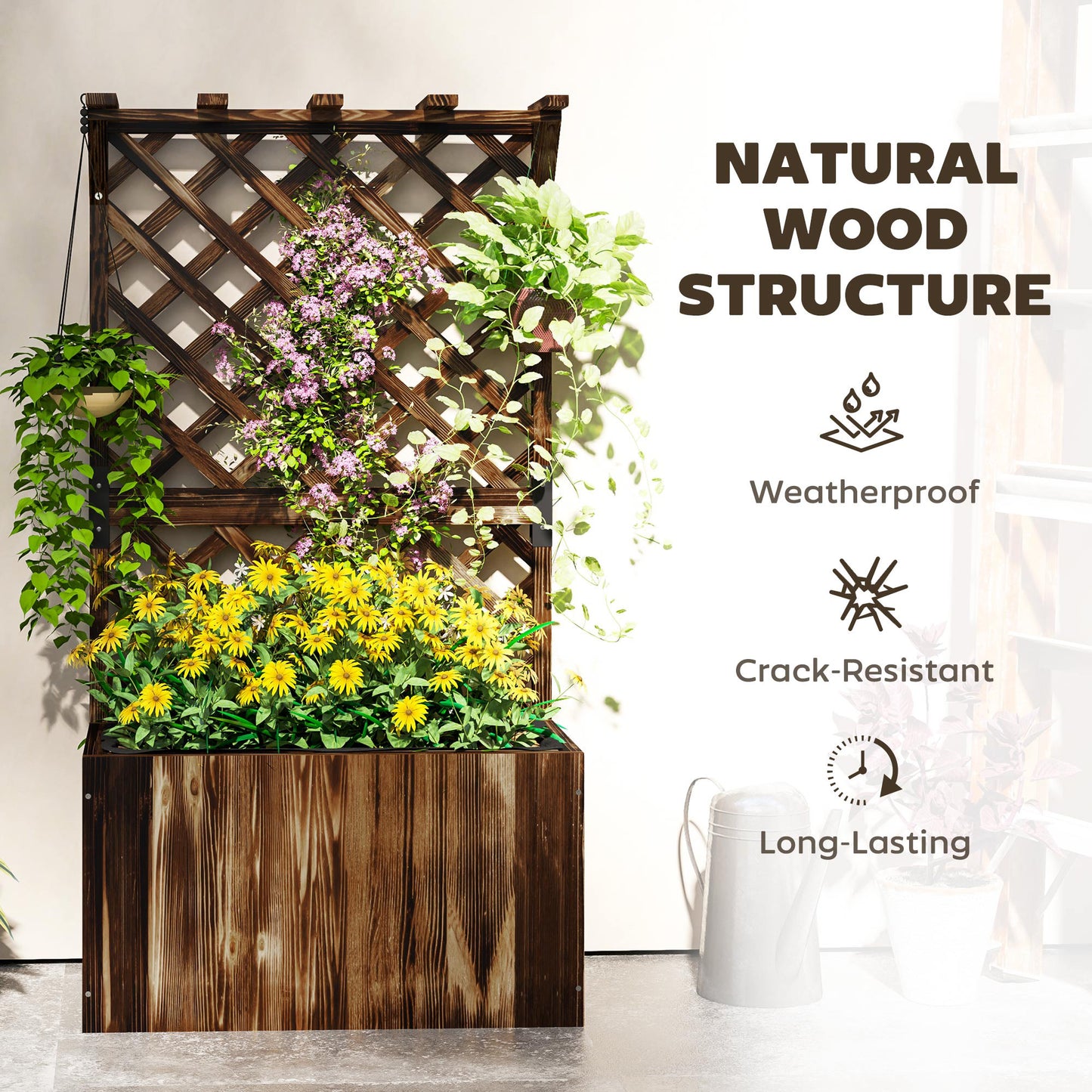 Wooden Planter with Trellis, Freestanding Raised Garden Bed with Drainage Holes