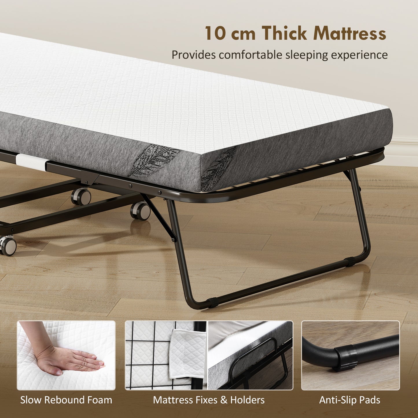 Folding Bed with 10cm Mattress, Portable Foldable Guest Bed with Sturdy Metal Frame on Wheels