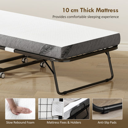 Folding Bed with 10cm Mattress, Portable Foldable Guest Bed with Sturdy Metal Frame on Wheels