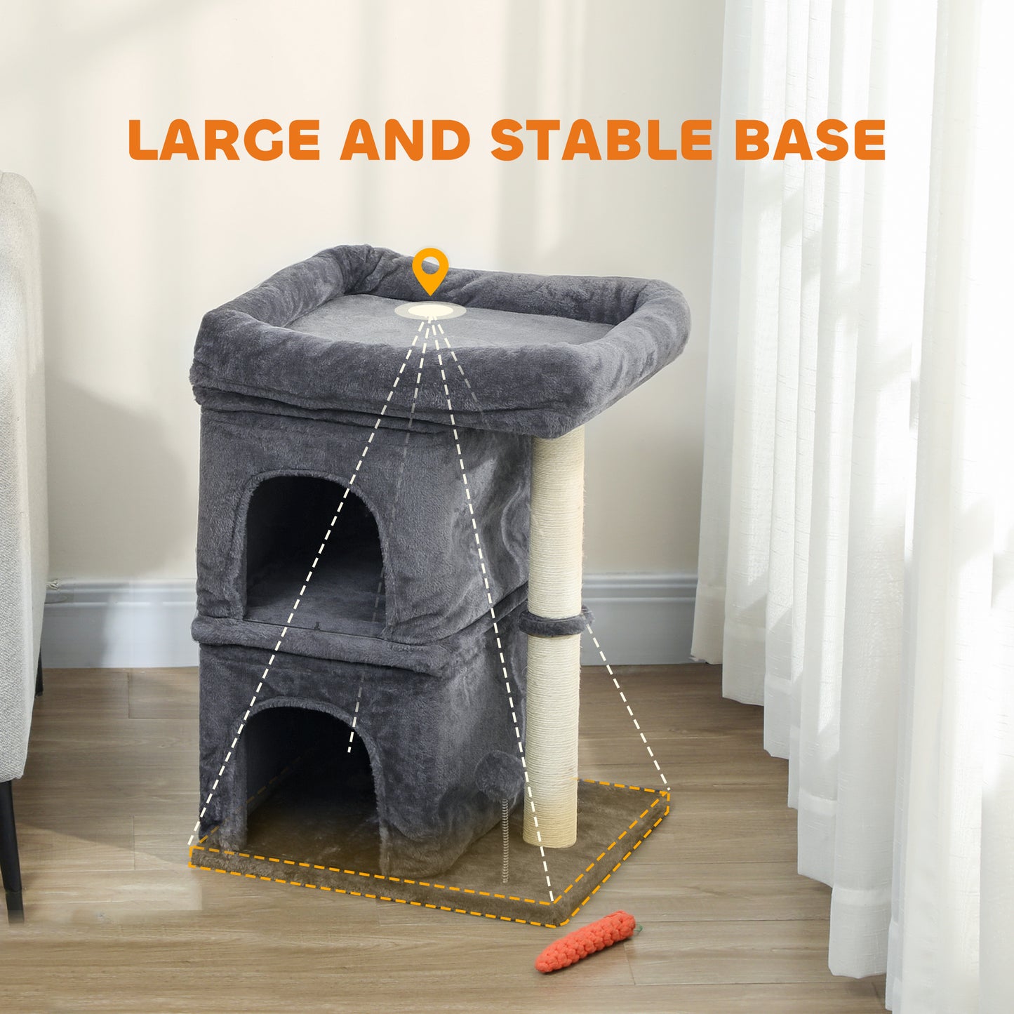 66 cm Small Cat Tree for Large Cats, Cat Tower w/ Large Top Perch, 2 Condos, Sisal Scratching Post, Toy Ball, Dark Grey