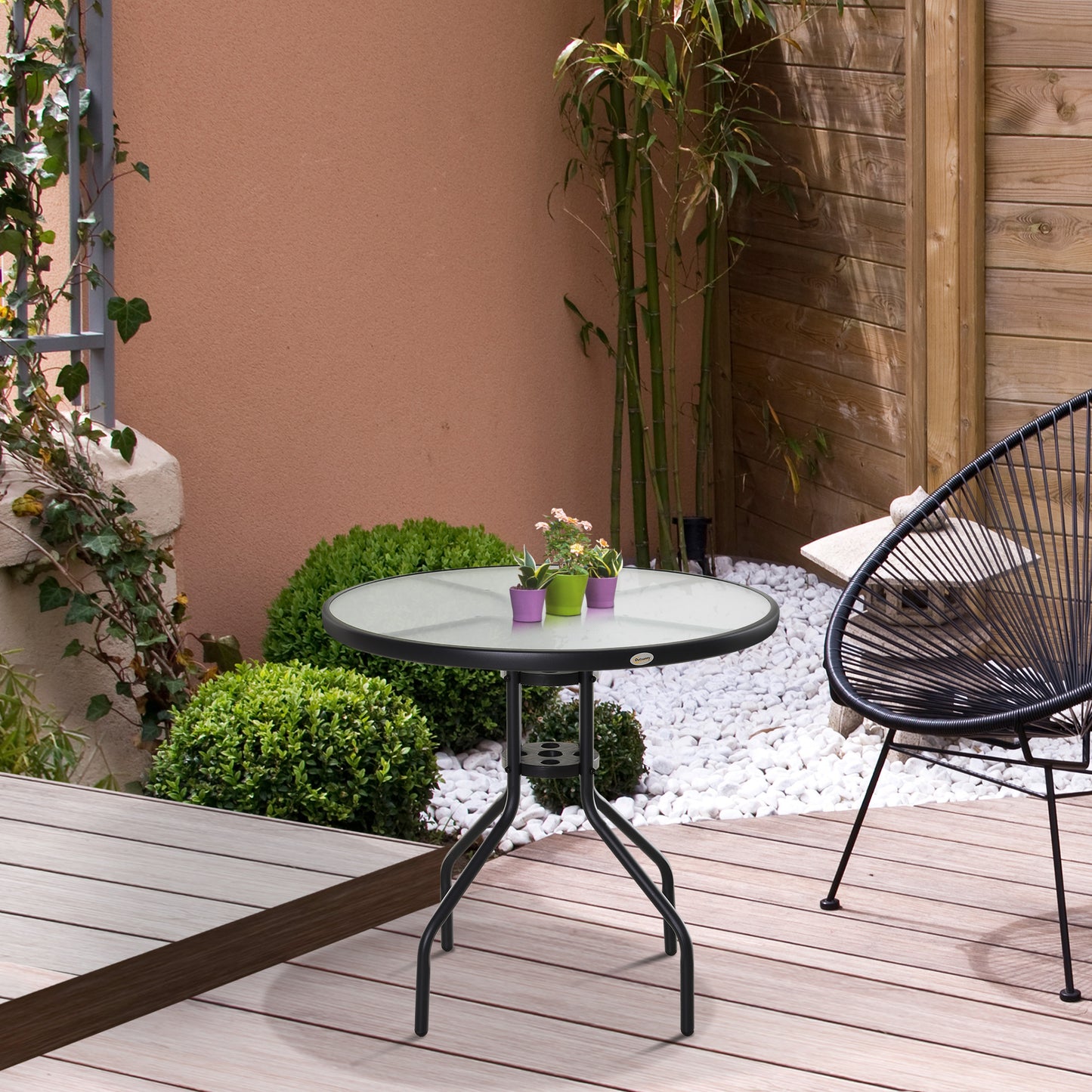 80 cm Round Garden Dining Table with Parasol Hole for 4, Outdoor Coffee Bistro End Side Table