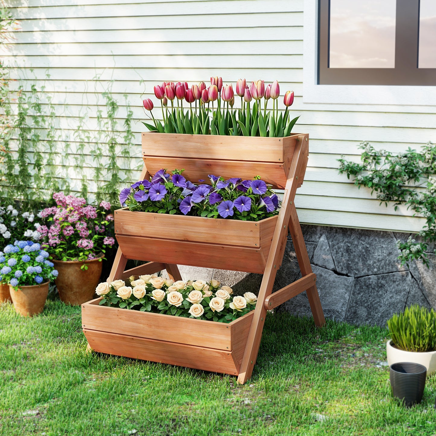 3 Tier Raised Garden Bed Wooden Elevated Planter Box Kit, 66L for Flower, Vegetable, Herb, 65x75x78cm, Brown