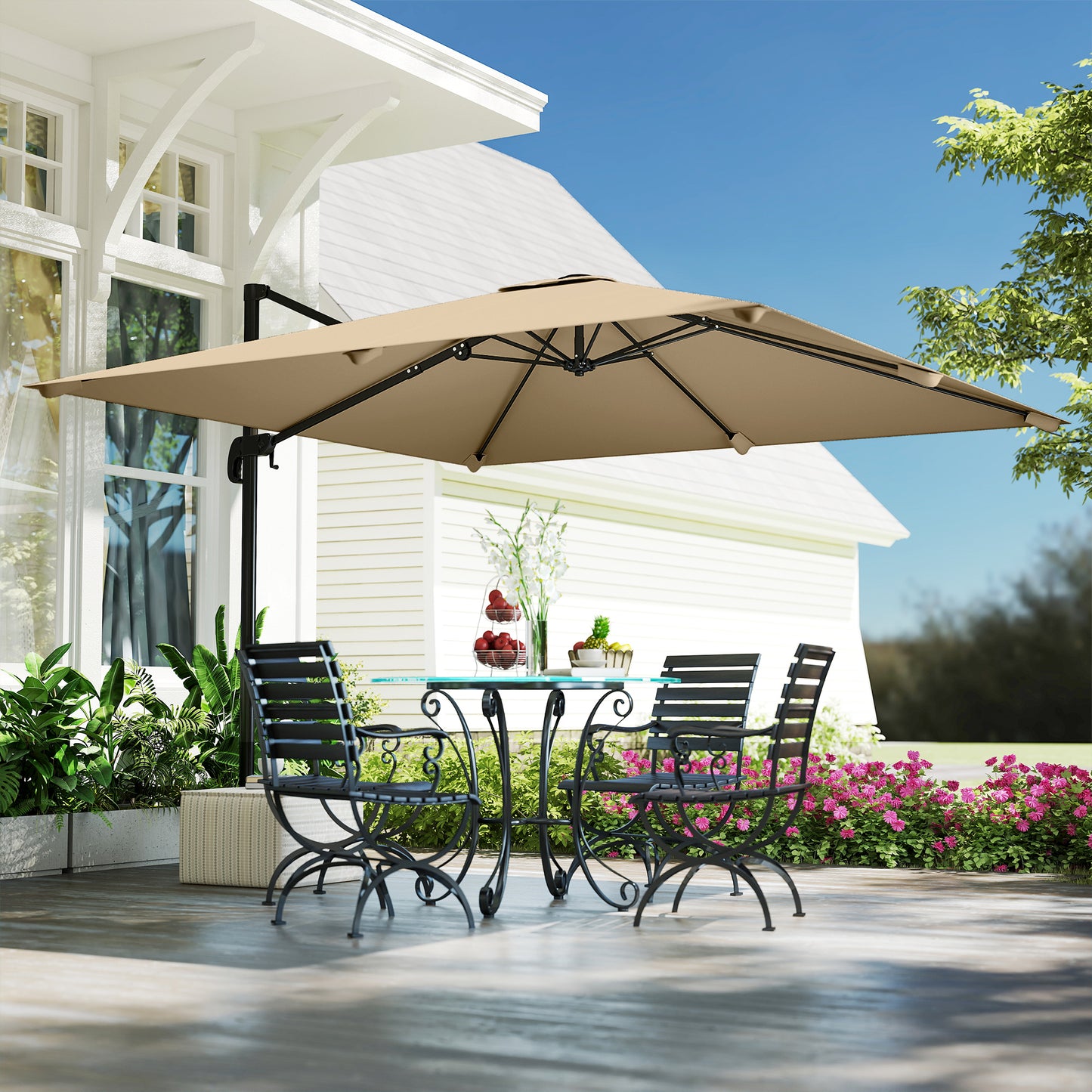 3 x 3 m Cantilever Parasol, Square Patio Umbrella with Crank Handle, Cross Base, Tilt, 360° Rotation, Khaki